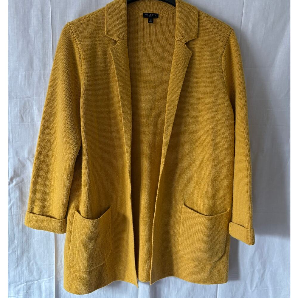 Talbots Mustard Yellow Wool Blend Open Front Cardigan Sweater Medium Petite MP